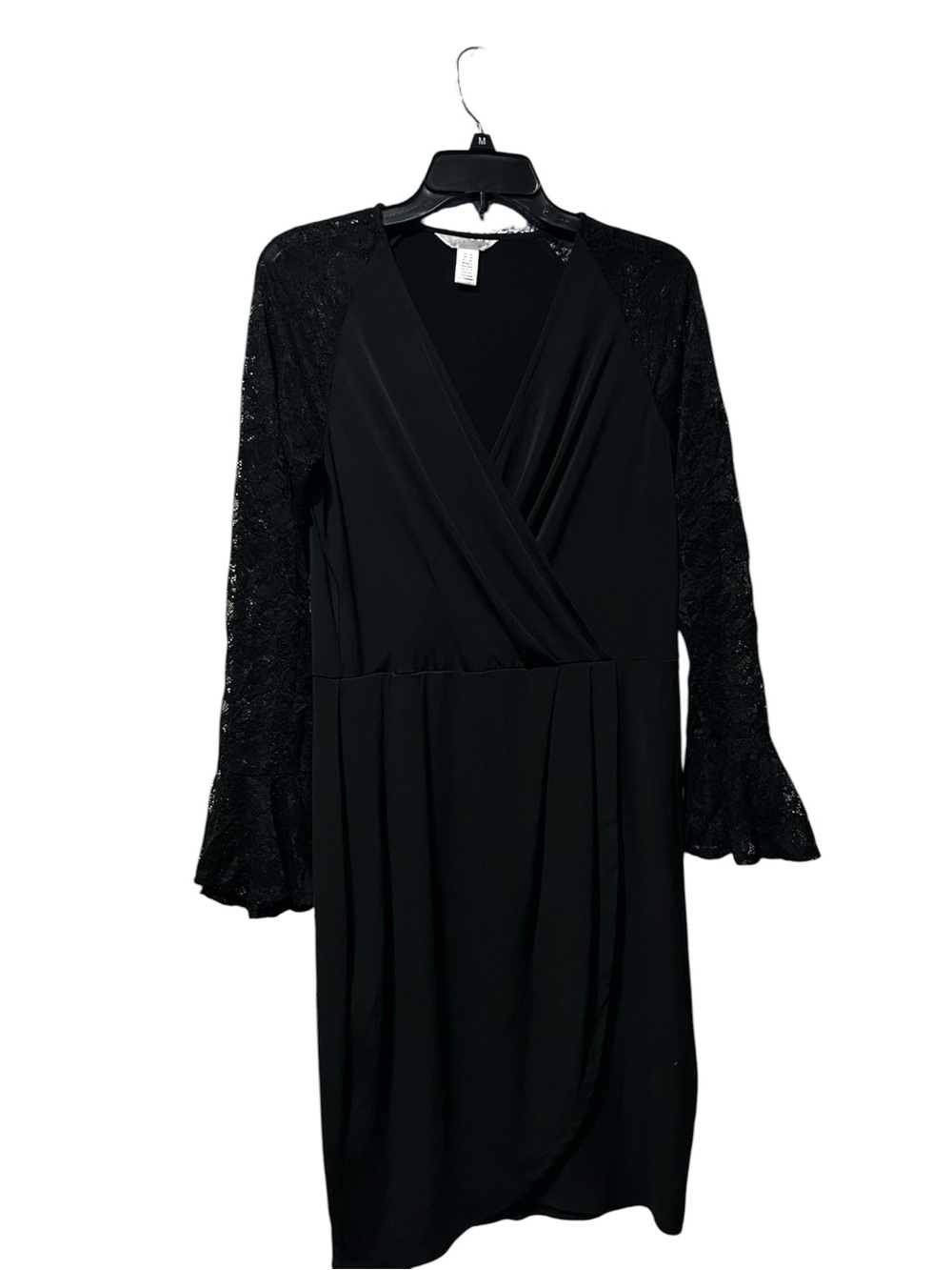 London Times Black Wrap-Style Dress with Lace Bell Sleeves